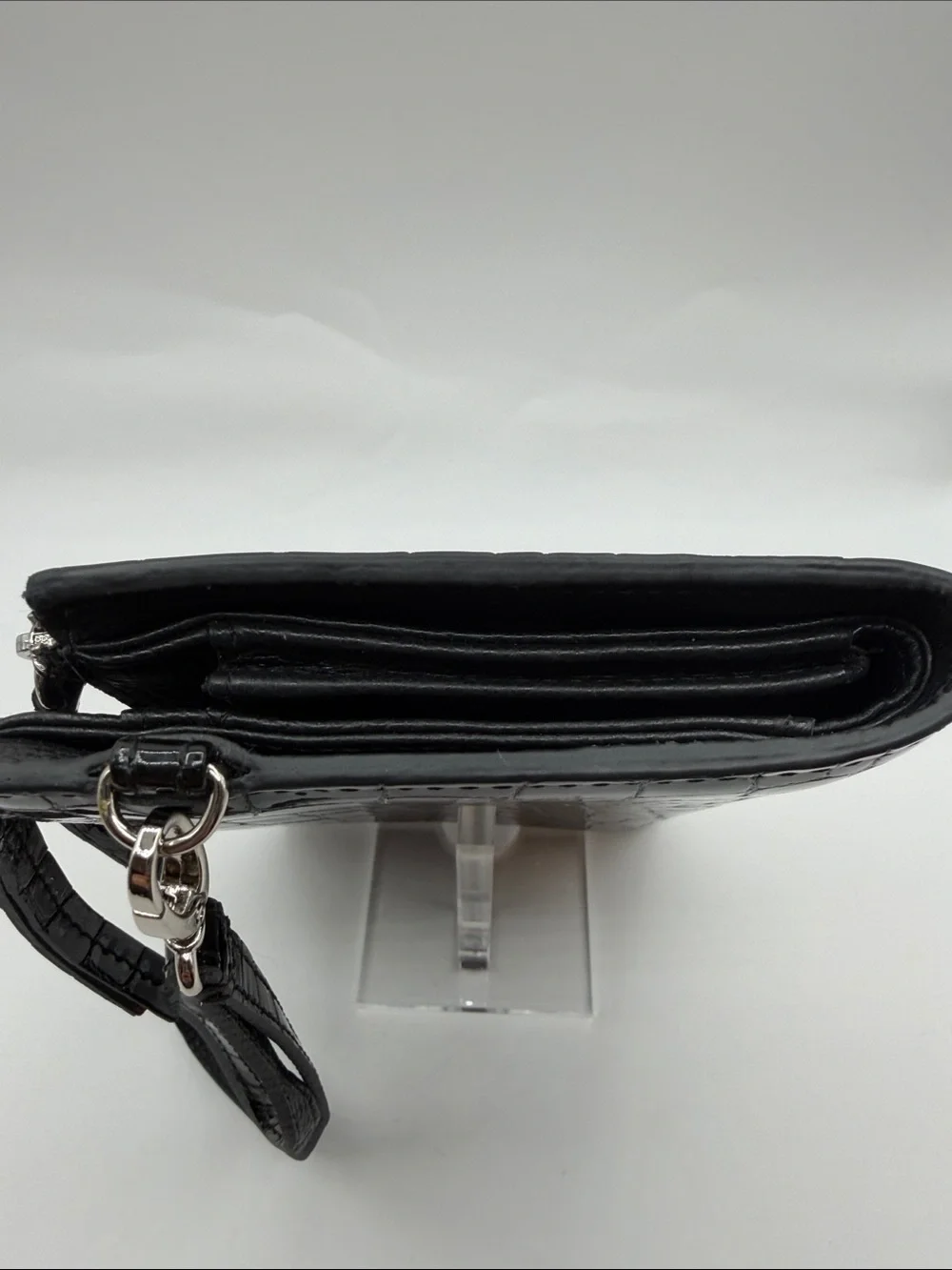 Black Croc-Embossed Wristlet Wallet with Heart Accent